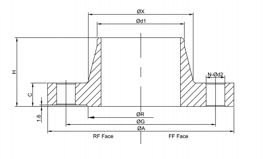 Dimensional drawing of C70600 and C71500 copper nickel weld neck flanges to ASME B16.5 Class 150 and Class 300
