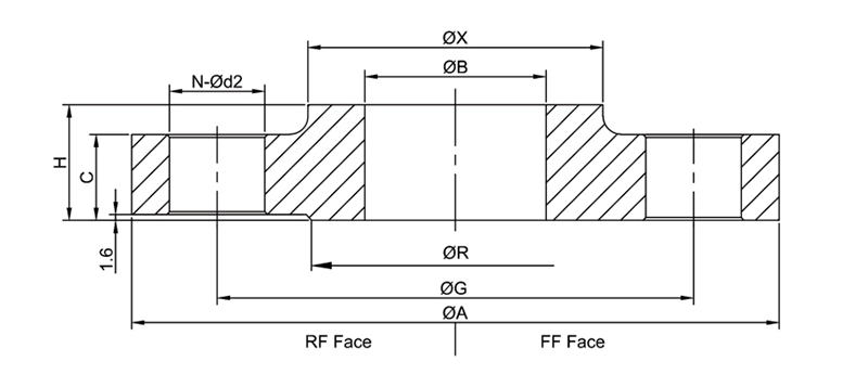 ASME B16.5 copper nickel slip on flange dimensional drawing for Class 150 and 300