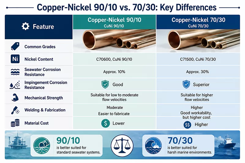 Comparison of Copper Nickel 90/10 and Copper Nickel 70/30 alloys for seawater piping systems