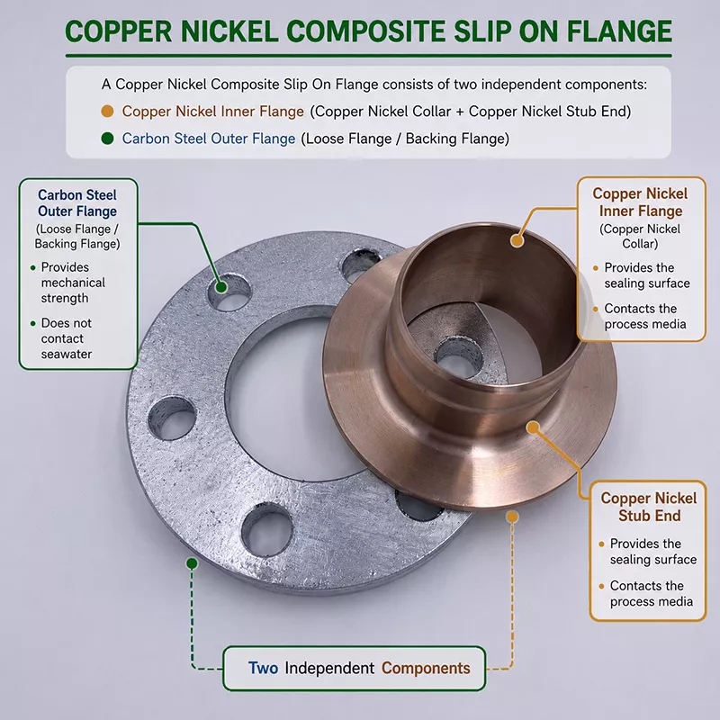 Copper Nickel Composite Slip On Flange Structure showing Copper Nickel Collar and Carbon Steel Backing Flange