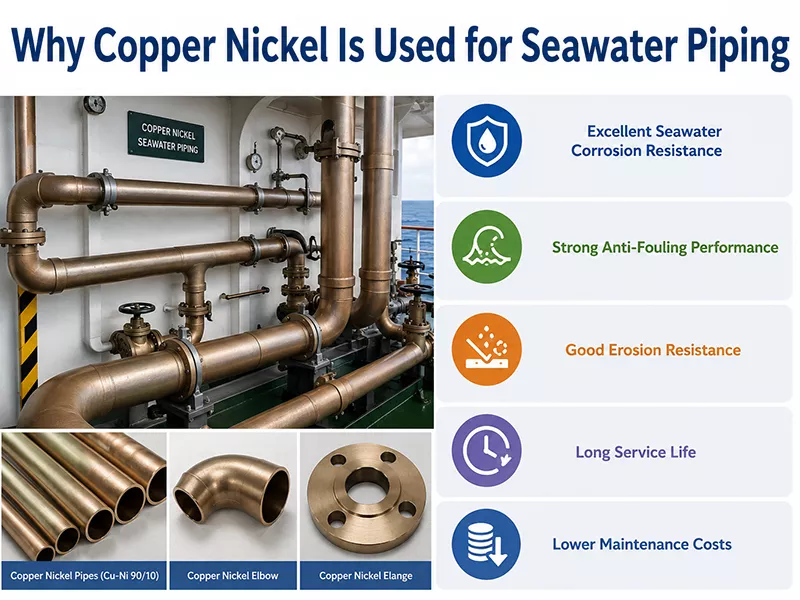 Copper nickel pipes used in seawater piping systems for marine, offshore and desalination applications