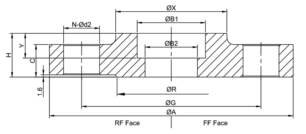 Copper nickel socket weld flange dimensions drawing with ASME B16.5 dimensional details