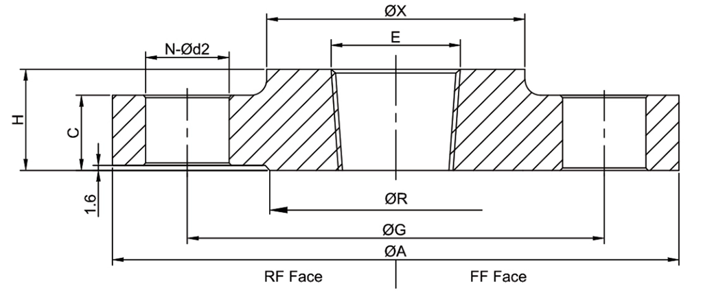ASME B16.5 Copper Nickel Threaded Flange dimensions drawing